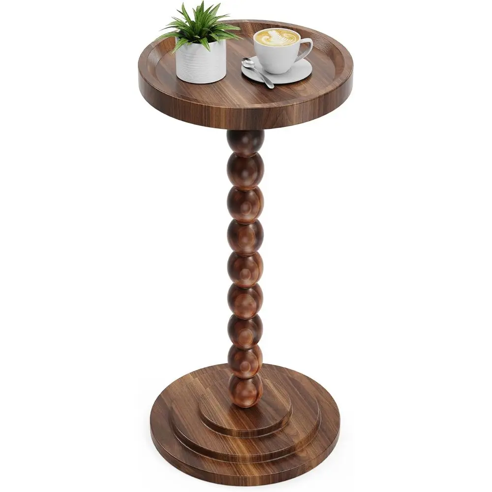 Round Wooden Side Table & Drink Table | Sturdy & Functional - Century Modern Design with Solid Wood Columns for Living Room, Bed