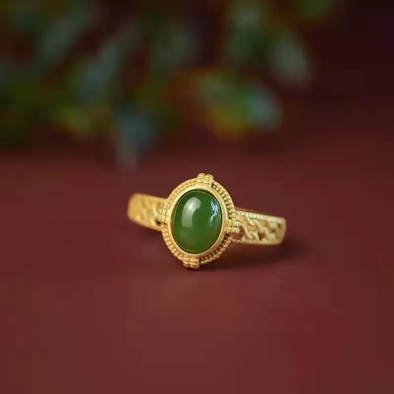 

Natural Green Hand Carved Egg Faced Jade Ring Fashion Boutique Men's and Women's 24K Gold-plated Ring Gift Opening Adjustable