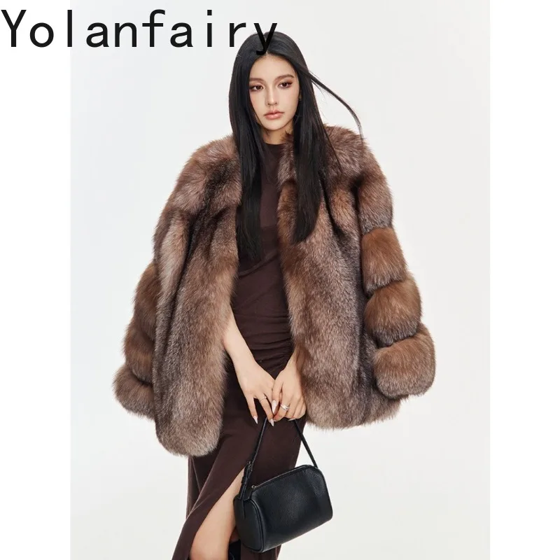 

YOLANFAIRY Роскошное пальто из натурального лисьего меха для женщин, зимнее, высококачественное, элегантное, теплое, верхняя одежда, куртка из лисьего меха, Jaqueta Feminina