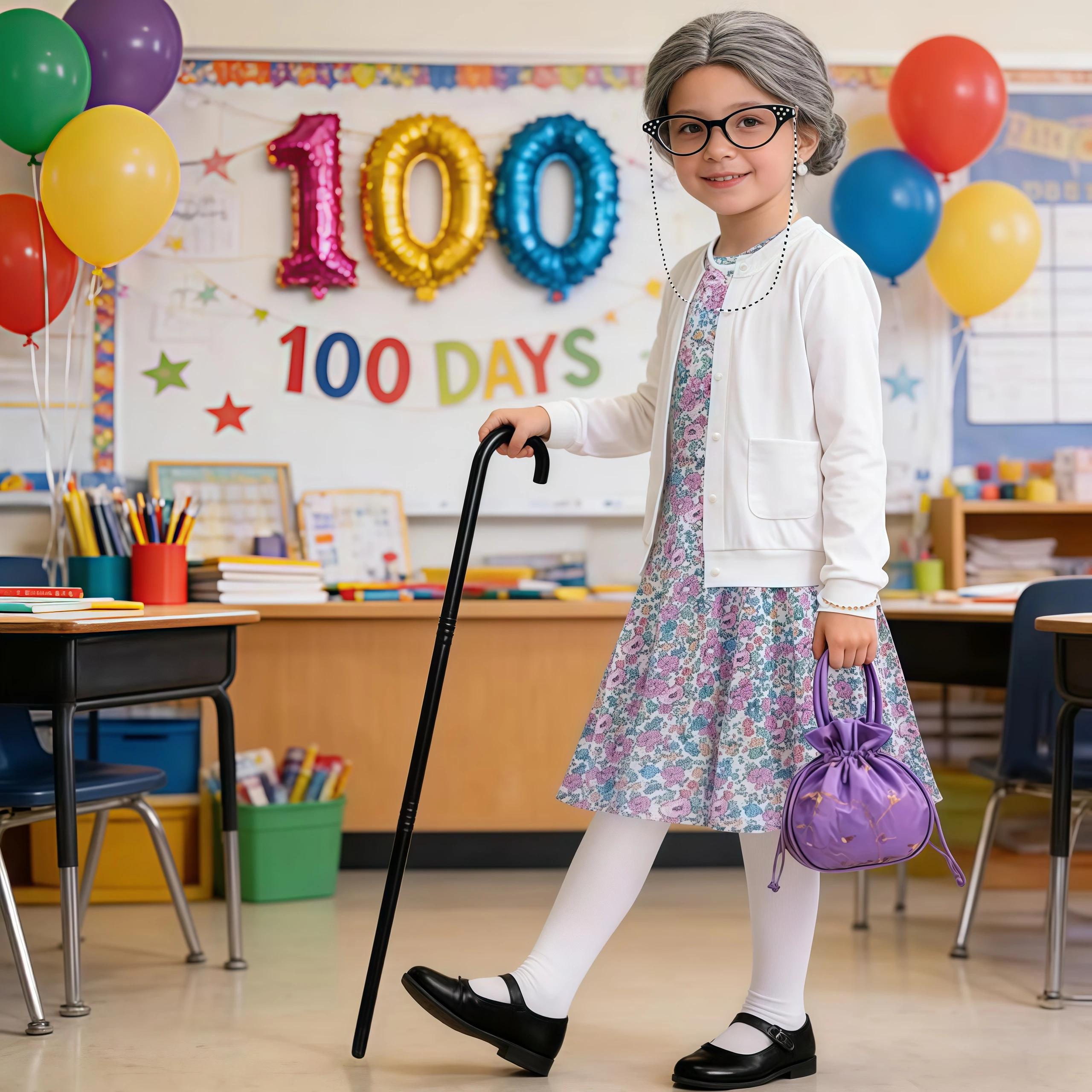 

100 Days Of School Costume Grandma Cosplay Dress Purim Clothes Old Lady Role Play Outfit White Wig For Carnival Birthday Party