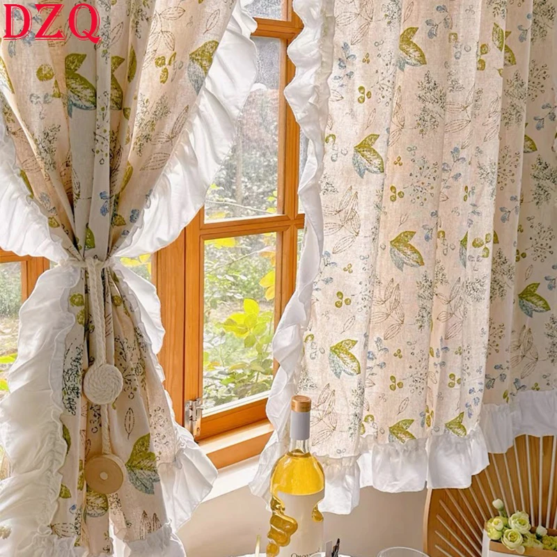 

Idyllic French Rural Leaves Curtains Cloth for Living Room Warp Ruffled Cotton and Linen Curtains for Kitchen #A545