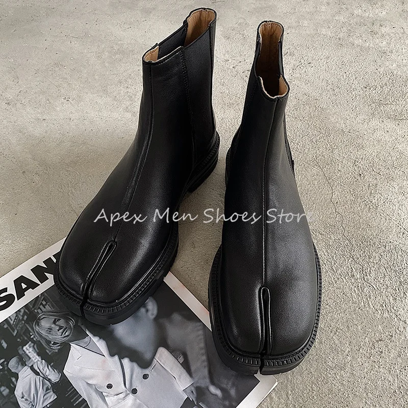 

Winter Trendy Split Toe Slip On Men's Chelsea Boots Genuine Leather Comfortable Flat Soled British Style Ankle Boots Business