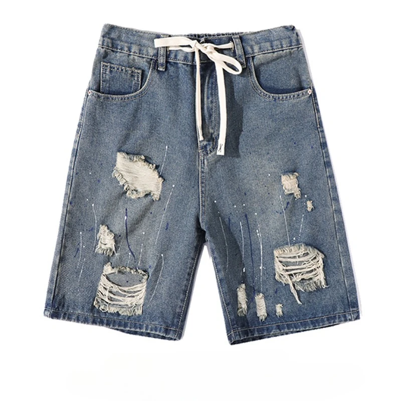 

Ripped Vintage Denim Shorts Men Summer Fashion Straight Jeans Slim Hole Personality Spray Paint Male Short Pants