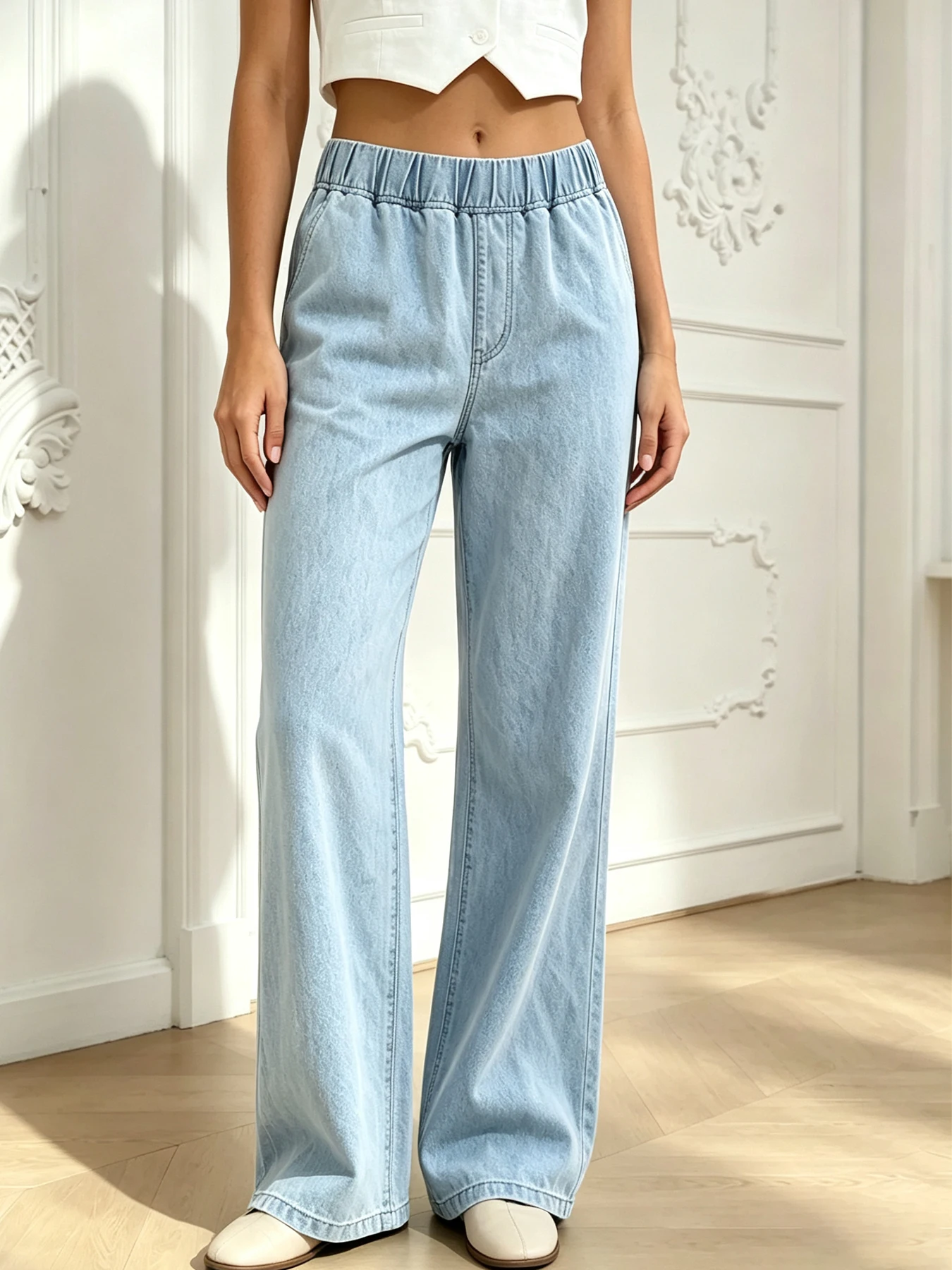 Elastic Waistband, Soft and Skin-Friendly Denim Pants, Wide-Leg Pants, Doesn't Dig Into the Waist, Comfortable and Versatile
