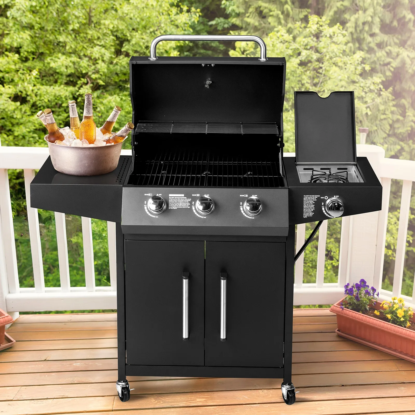 

Outdoor 46,000 BTU BBQ 3 Burner Propane Gas Grill with Side Burner, Cabinet