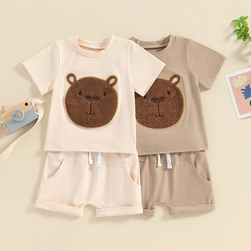 

Toddler Boys Summer Outfits Fuzzy Bear Embroidered Short Sleeve T-Shirts Tops Elastic Waist Shorts 2Pcs Clothes Set