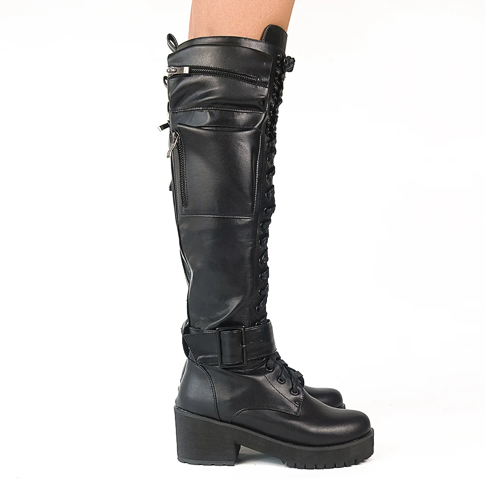 Brand New Female Chunky High Heels Knee High Boots Fashion Zip Cross Tied women\'s Boots 2021 Cosplay Street Party Shoes Woman