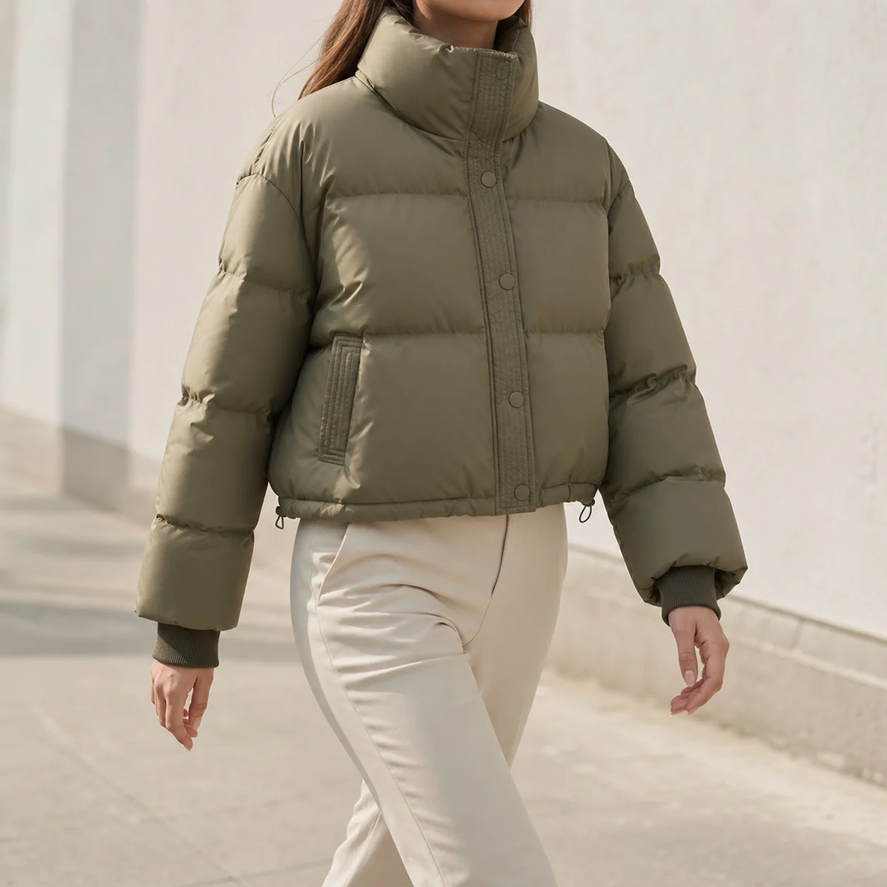 Women's Winter Down Jacket with Mock Neck, Long Sleeve, Fitted Waist, Zipper Closure, Extra Thick Short Length Plain Parka