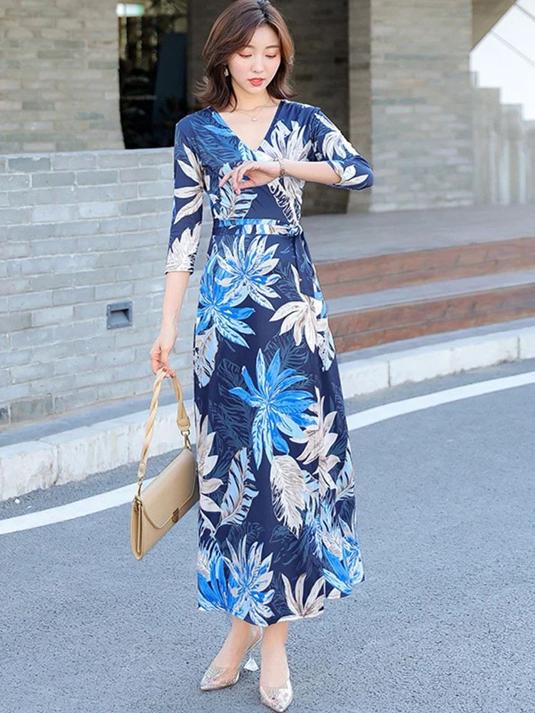 new arrival fashion boho dress women elegant beach vacation sexy v-neck print split floral print wrap slim long a-line dress