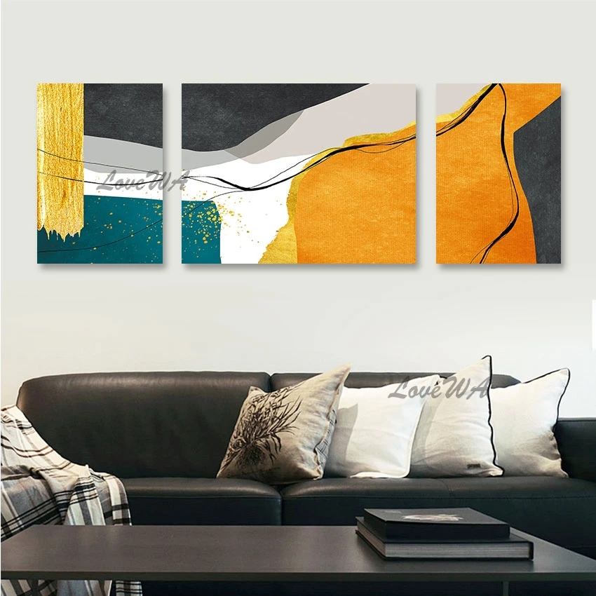 

100% Hand-painted Abstract Gold Foil Modern Oil Painting High Quality 3 Panel Canvas Decor Wall Picture For Restaurant Frameless