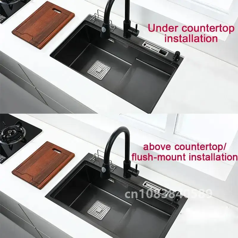 Black kitchen sink With knife holder vegetable washing basin With cutting board stainless steel pia black sink High and low sink