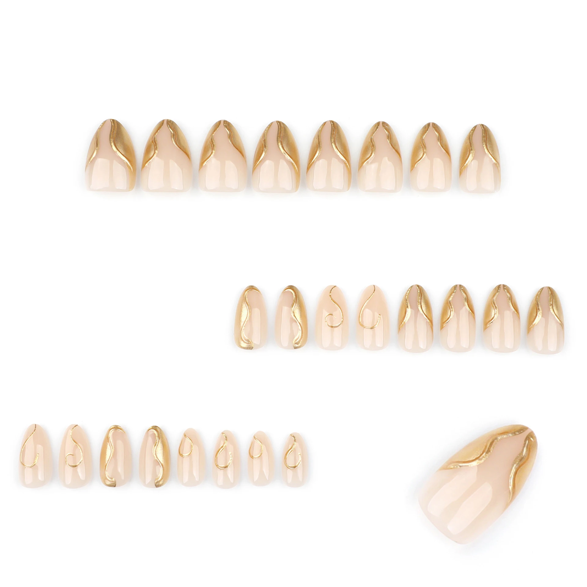 

24Pcs Medium Almond Press-on Nails: 3D Gold Irregular Lines - Unique Instagram Style False Nails With Wearing Tools