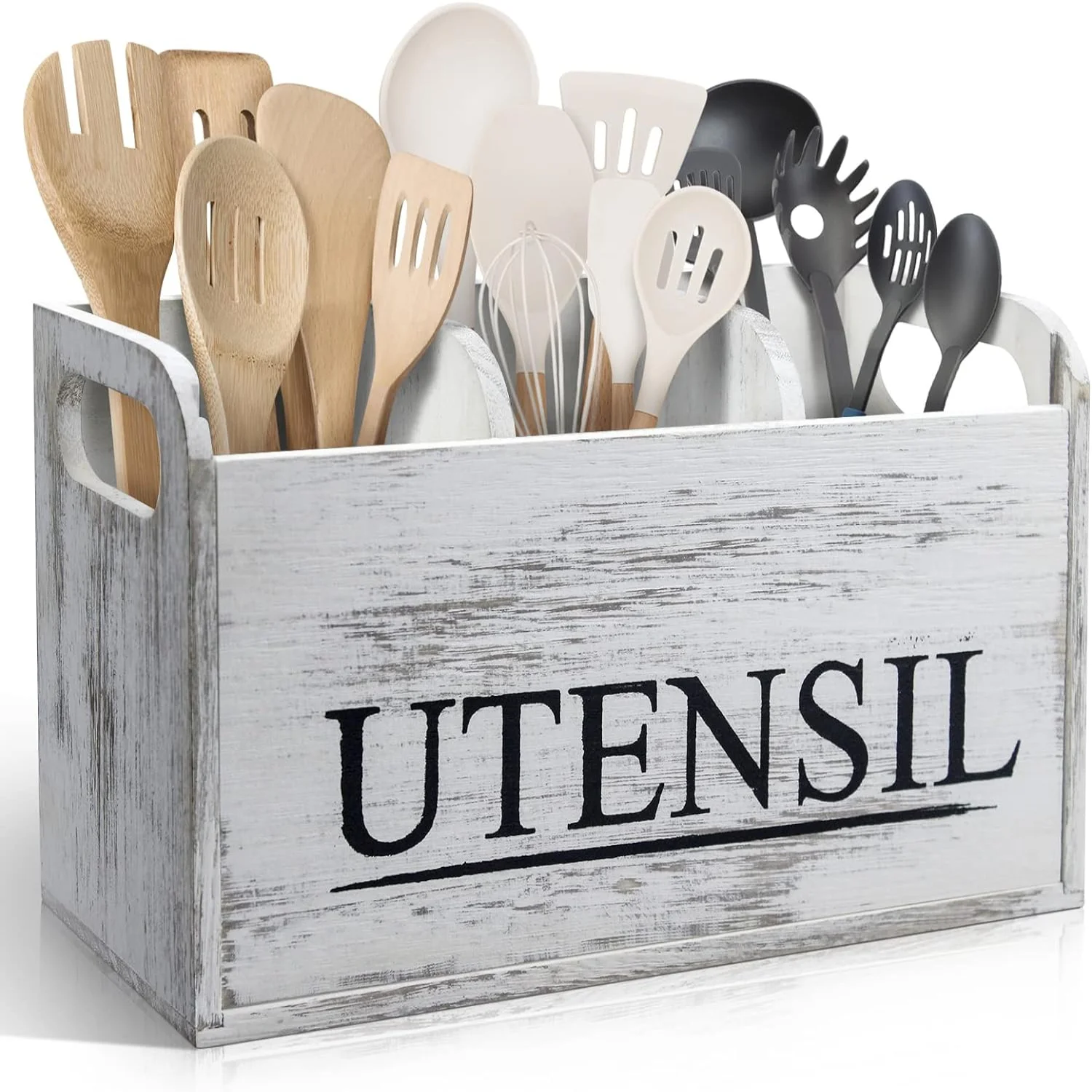 

Rustic Large Wooden Utensil Organizer for White Kitchen - Keep Your Cooking Tools Neat and Organized