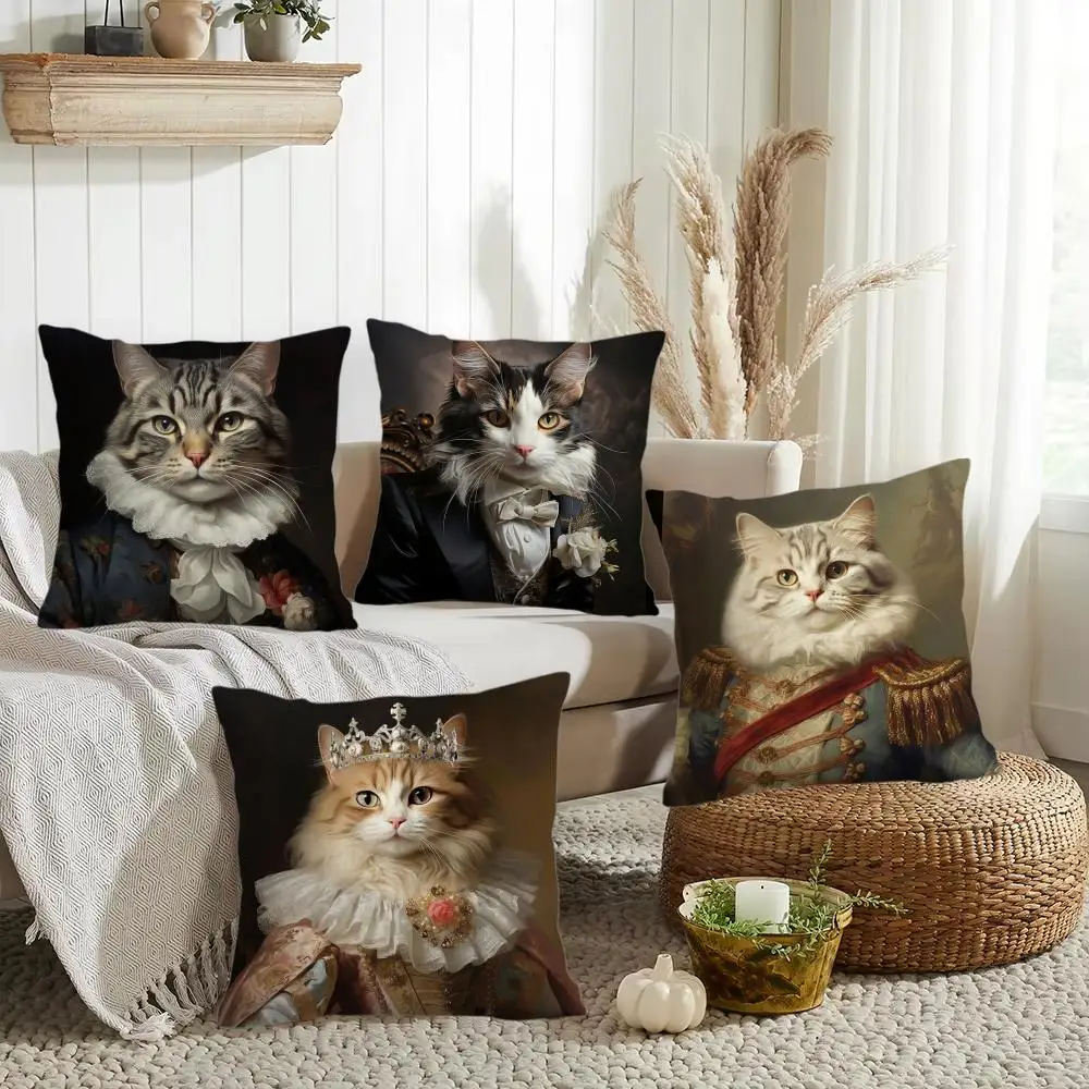 Renaissance Royal Cat Funny Cushion Cover Double-Sided Printed Organic Linen Pillow Cover, Decorative for Sofa Home