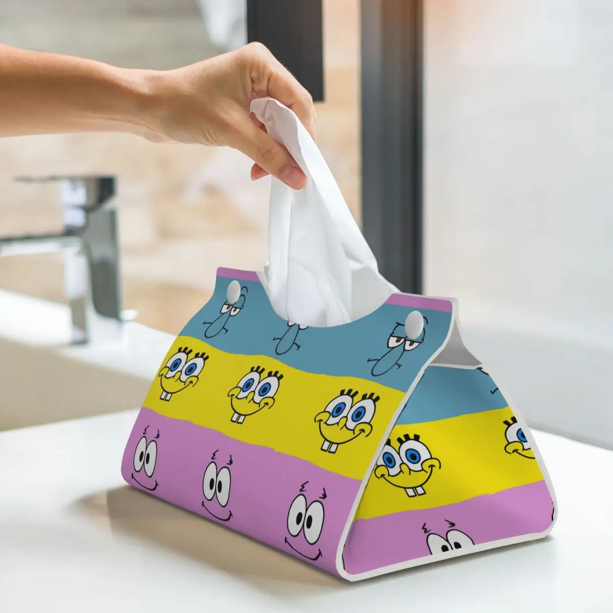 Custom SpongeBobed Tissue Box Cover for Bathroom Car Cute Cartoon Rectangular PU Leather Facial Tissue Box Holder