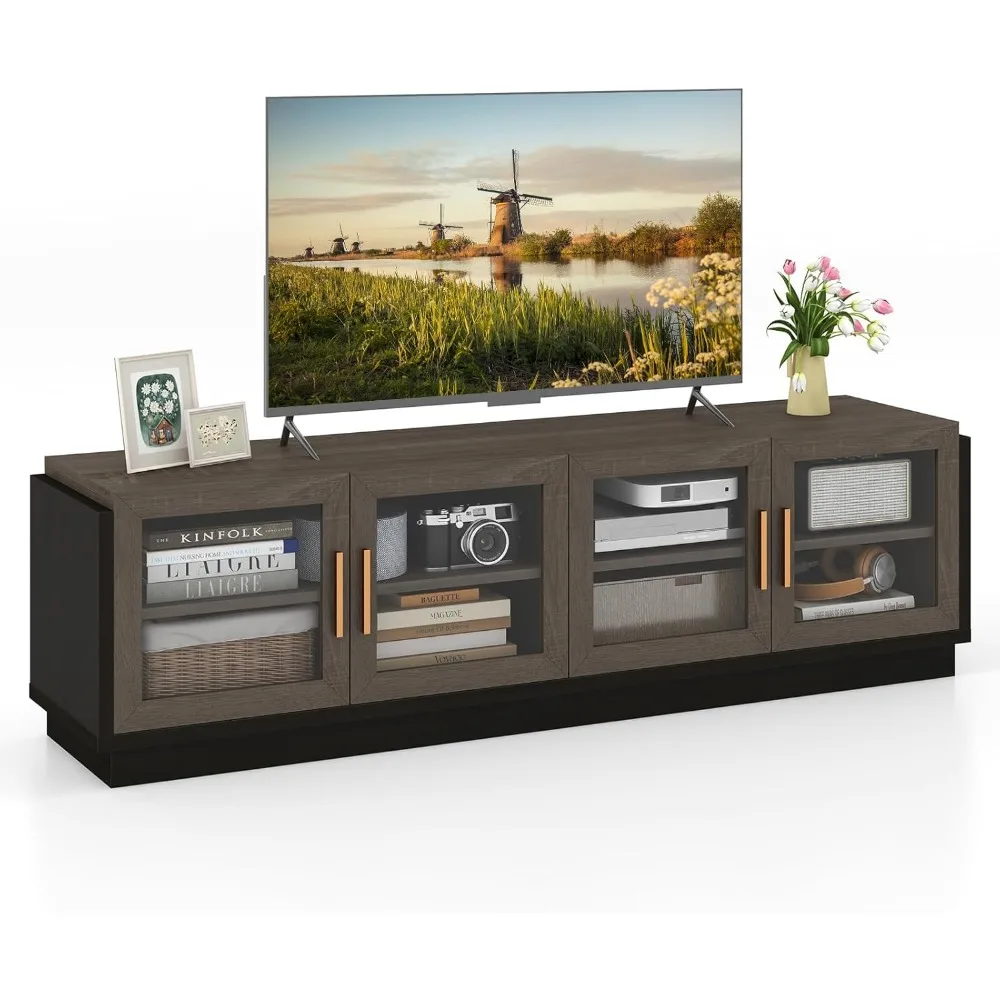 Large TV Stand for TVs up to 75”, Entertainment Center with 4 Tempered Glass Doors, 2 Adjustable Shelf, 4 Cable Holes