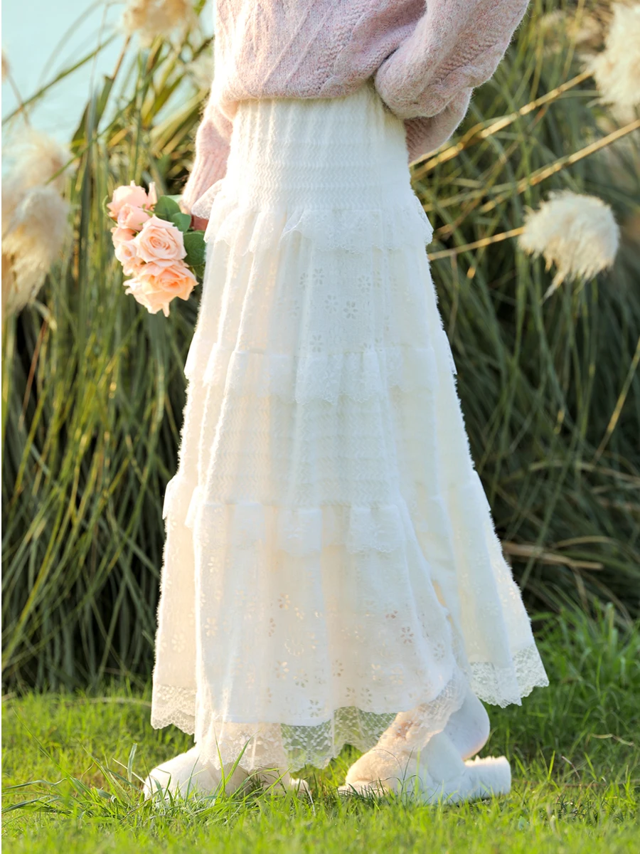 

Утолщенная юбка А-силуэта с высокой талией, с кружевной отделкой, средней длины, женская, белая, новая модель Lu Spring, юбка-зонтик