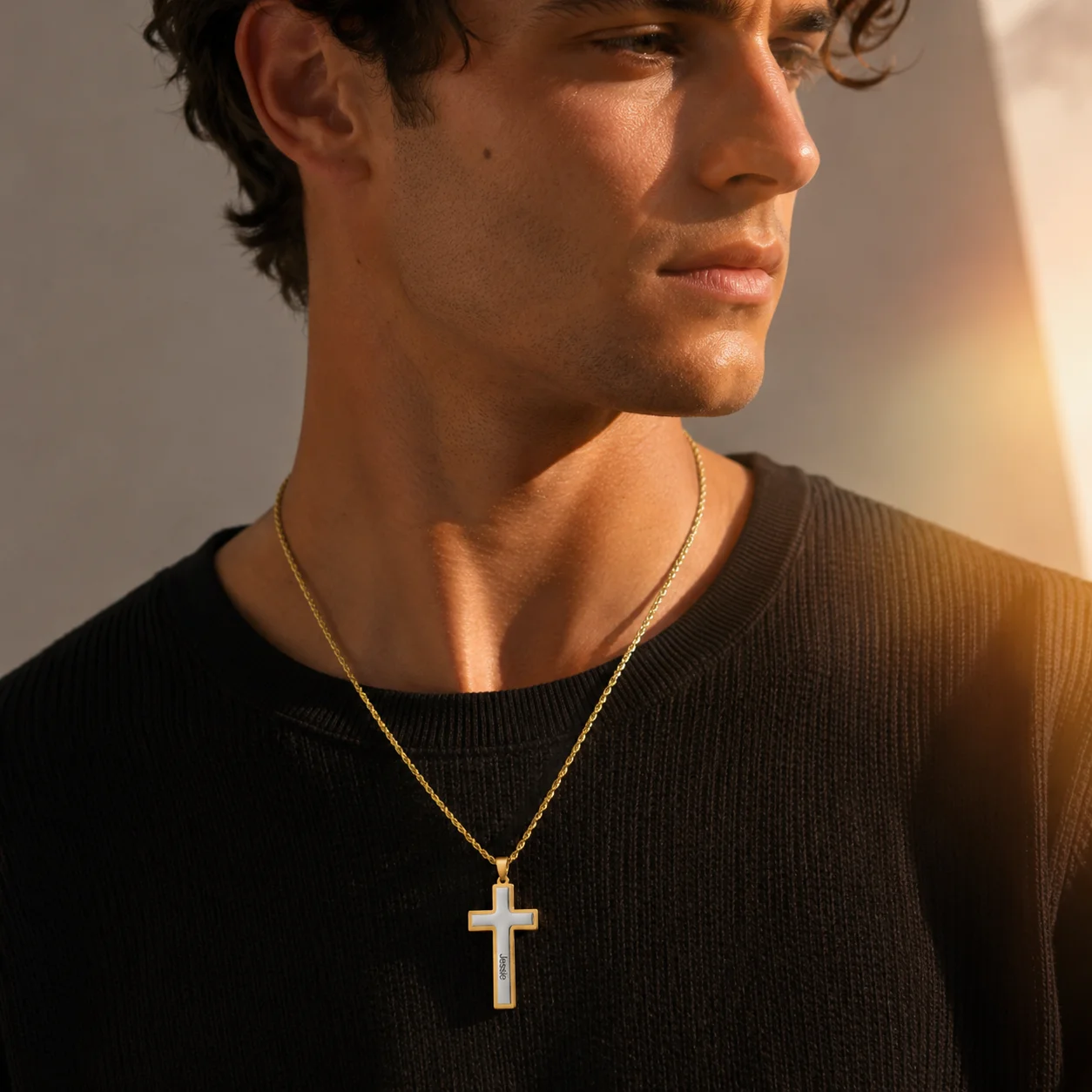 

Personalized Color-Blocked Cross Necklace With Custom Engraved Name Pendant Stainless Steel Waterproof Jewelry Father'S Day Gift