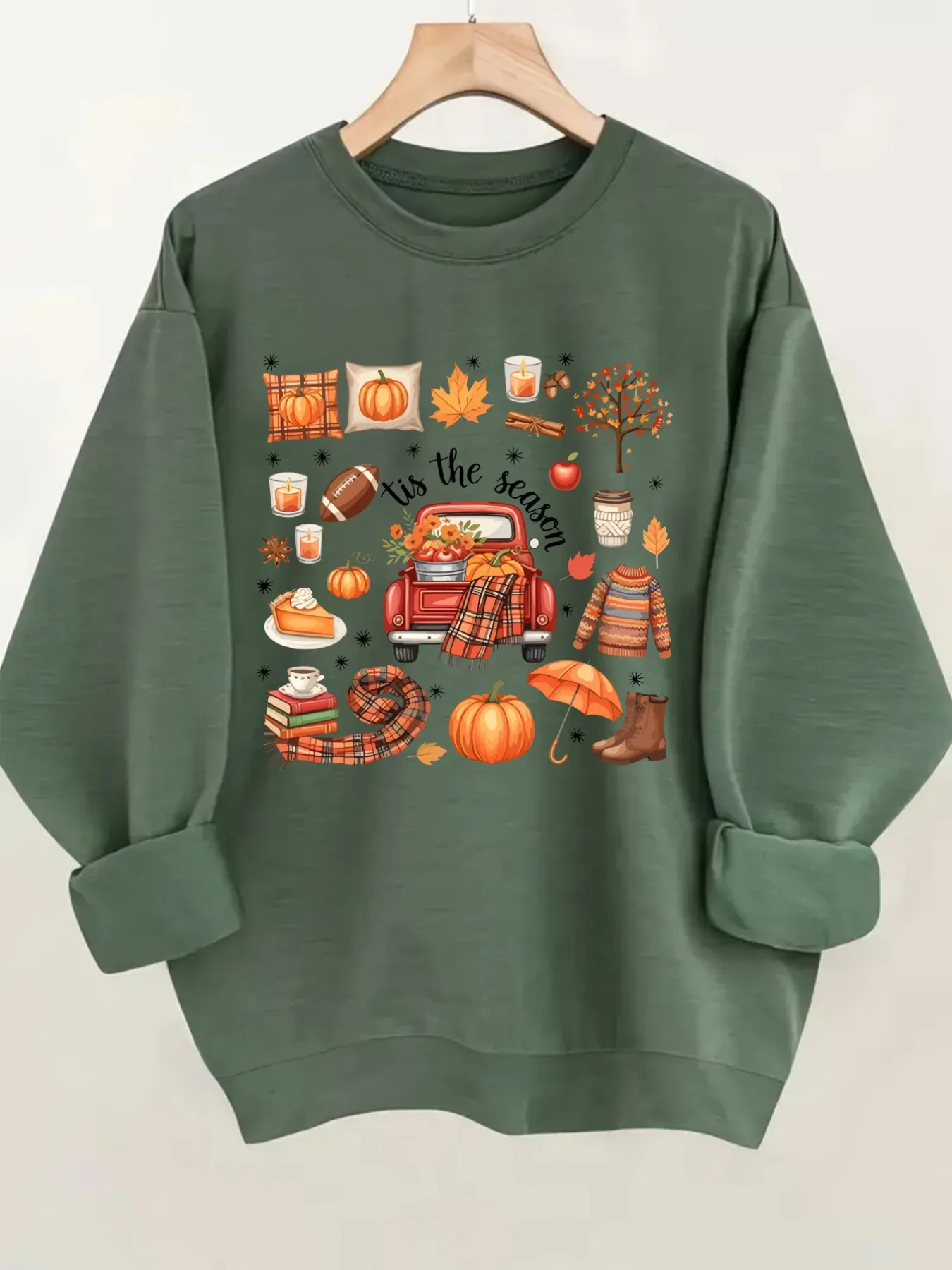 Women's Crew Neck Pullover Sweatshirt Autumn Season Print Design, Soft Casual Long Sleeve, Daily Casual Top Outfit, Winter Women's Clothing, Thanksgiving Outfit