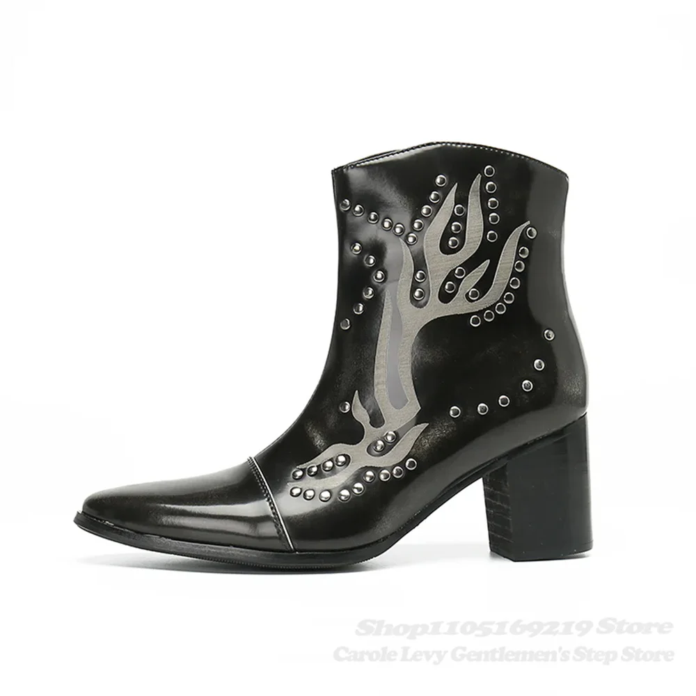 Calf-Skin Leather Pointed Toe Side Zipper Ankle Boot Men Rivet Decoration Chunky Heel Handmade Shiny Leather Casual Short Boot
