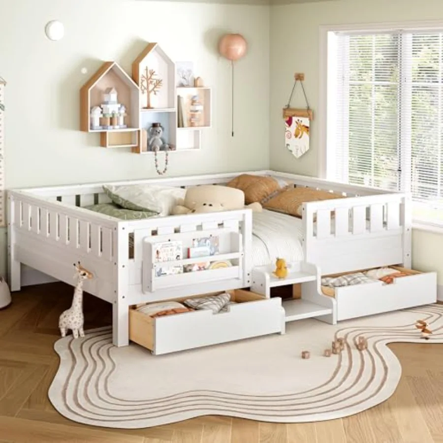 

Size Montessori Bed with Stairs and Bookshelf, Solid Wood Size Bed Frame with Drawers and Storage for Girls Boys, Low-Profile,