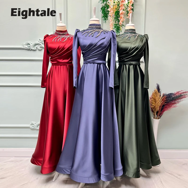 Eightale Arabic Evening Dress High Neck Long Sleeves Satin A-Line Musilim Prom Gown Women Party Dress Dubai robe de soiree