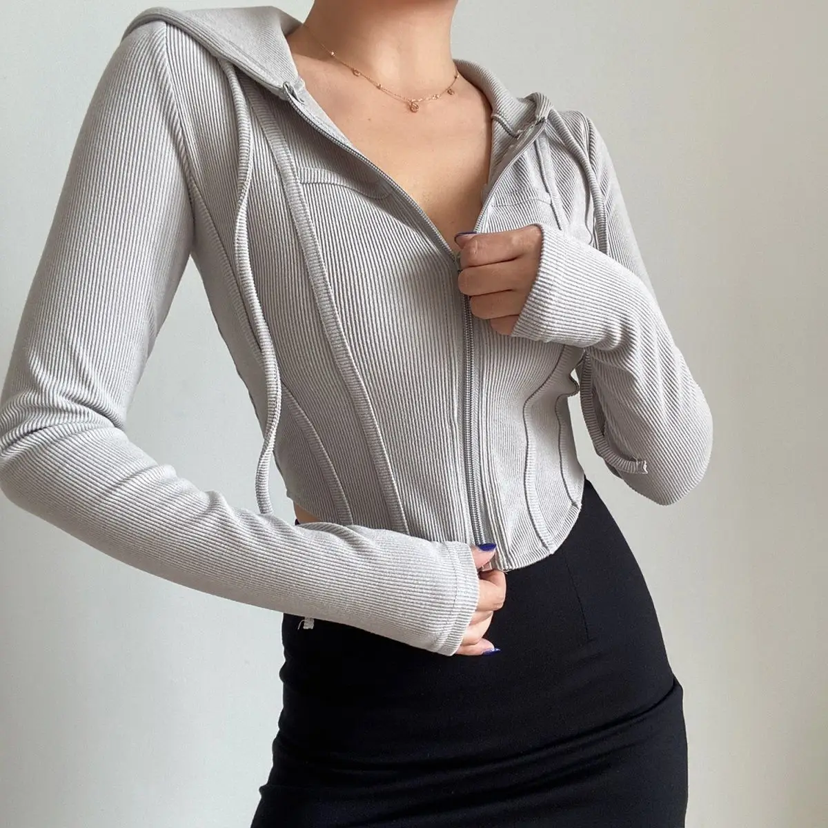 Thin Hooded Cardigan Women Korean Vintage Slim Summer Solid Sports Jacket Vertical Pit Stripe Zipper Female Sexy Cropped Tops