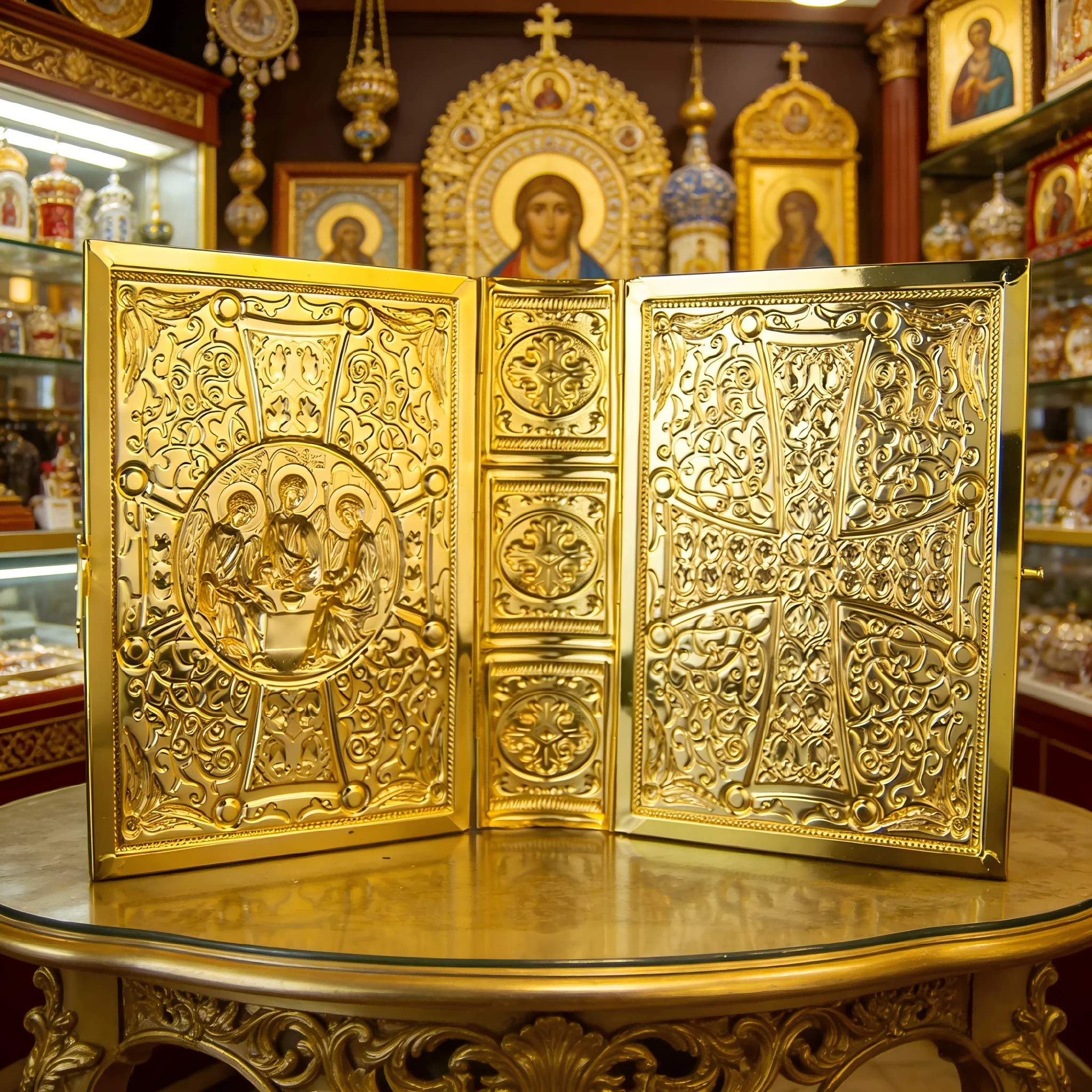 

Gold Plated Catholic Orthodox Gospel Book Cover with Enamel Cross for Church Liturgy Home Altar Prayer Devotion Christian Gift