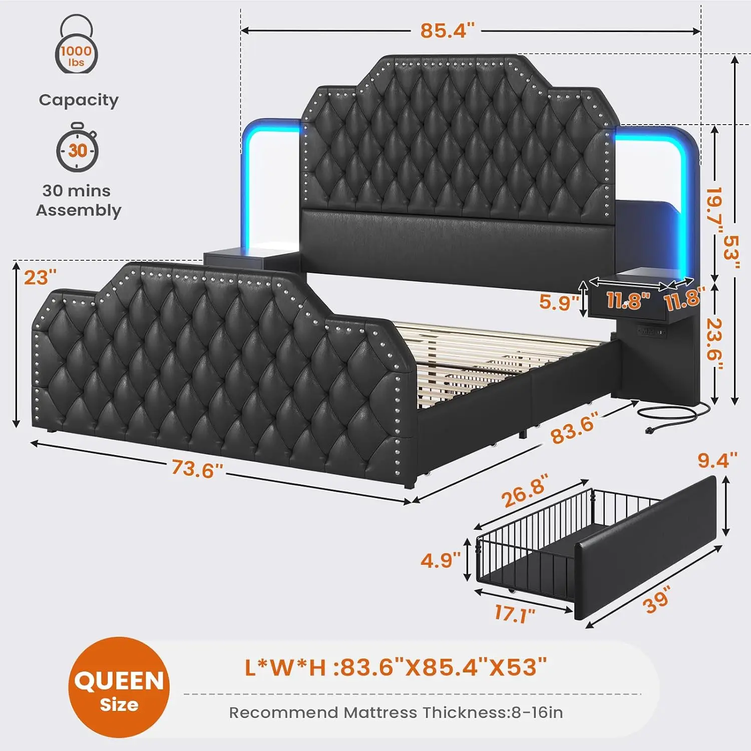 Queen Bed Frame with 53