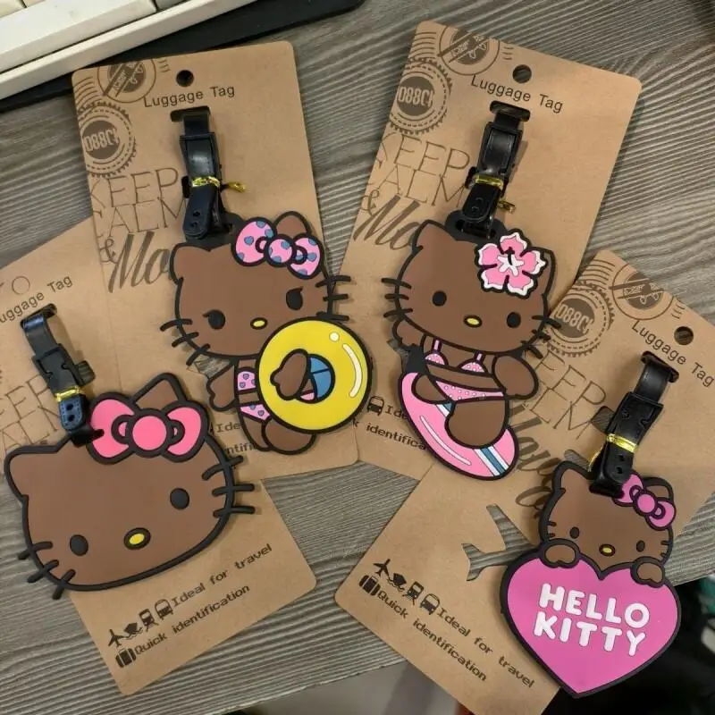 

Boarding Pass Cartoon Cute Black Leather KT Kitten Luggage Hanger Travel Box Luggage Tag Luggage Hanger Boarding Check in Pass