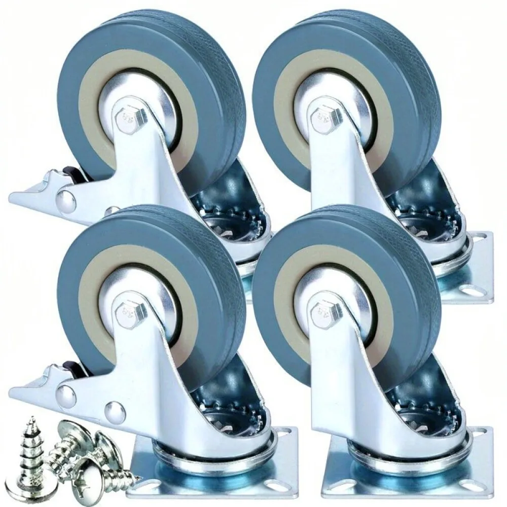2 Inch Industrial Caster Wheels With Brake Swivel Flat Plate Grey PVC Rubber Durable Trolley Cart Casters Stable Fixing System