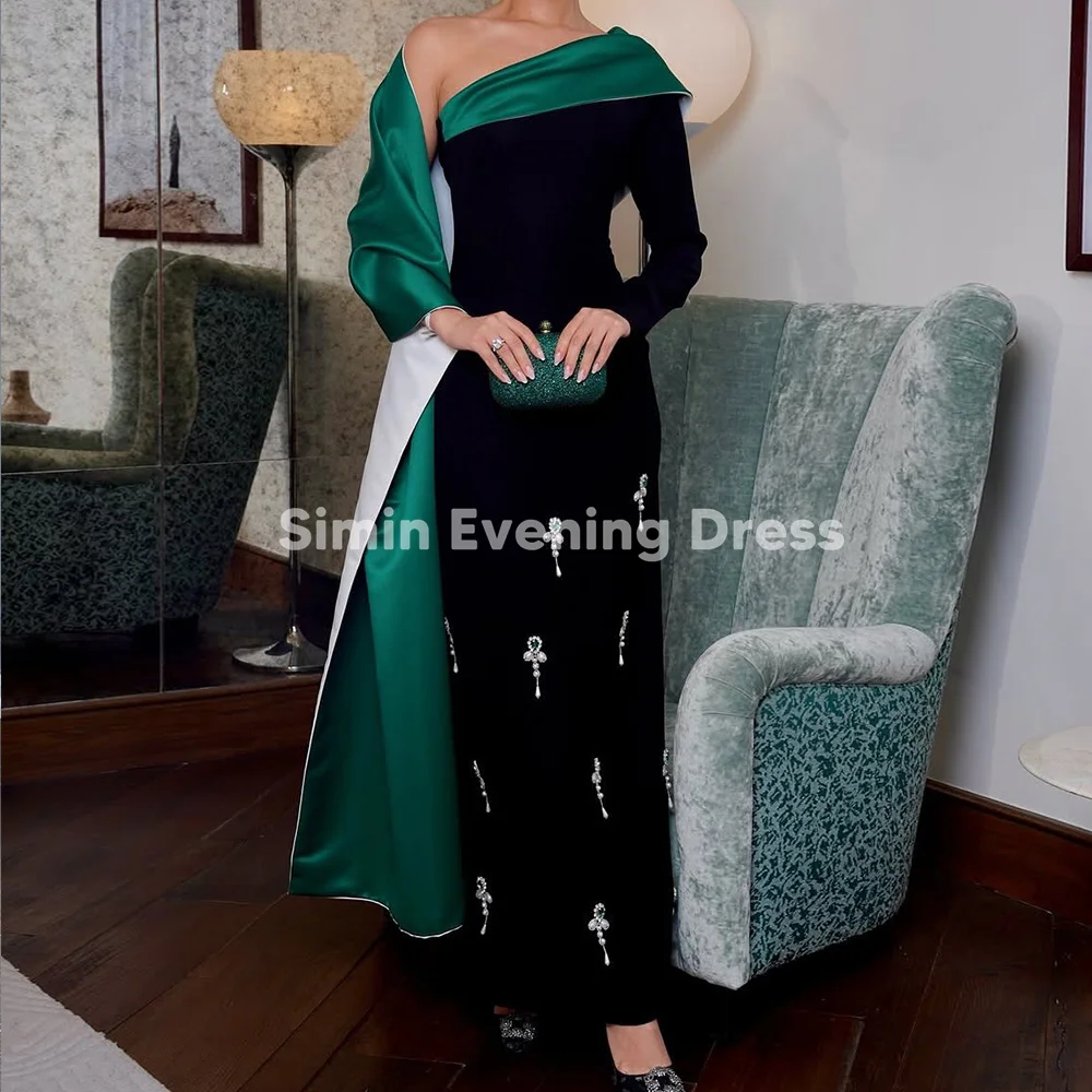 

Simin Women's One-Shoulder Beaded Sheath Ankle-Length Saudi Evening Dresses Long Sleeves With Satin Shawl Elegant Dresses 2025