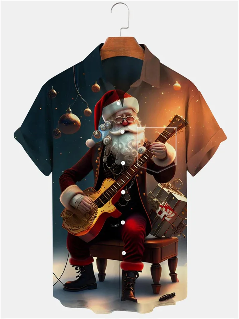 Christmas men's short sleeved lapel shirt 3D printed with Santa Claus playing guitar, casual, comfortable and fashionable shirt