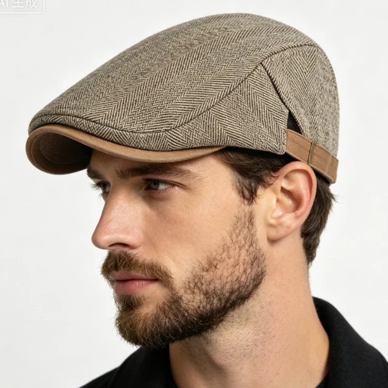 Vintage Tweed Newsboy Cap Lässige Flache Mütze für Herren Klassisches Fischgrätmuster Verstellbare Seitenschnalle