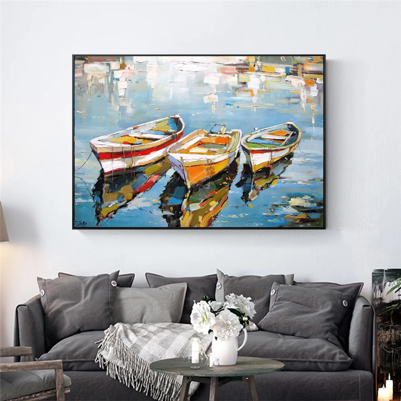 Classic Boats Oil Canvas Painting Sea Landscape Posters and Prints Wall Art Picture for Living Room Home Decor Cuadros