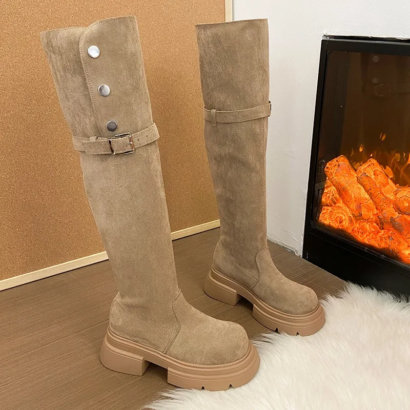 

Over The Knee Boots for Women Fad Mid Heels Platform Shoes Designer Suede 2025 Winter New Elegant Long Boots Party Pumps Zapatos