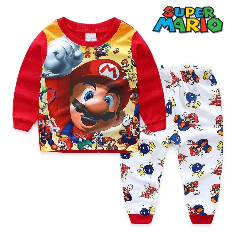 2pcs Super Marios Bros Children Pajamas Anime Winter Long Sleeve Pants Suit Sleepwear Boys Girls Kawaii Cosplay Nightgown Gift