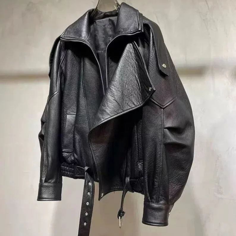 Luksusowa miękka skórzana kurtka damska, luźna kurtka bomberka, wiosenno-jesienna kurtka motocyklowa z PU, odzież wierzchnia, vintage odzież damska.