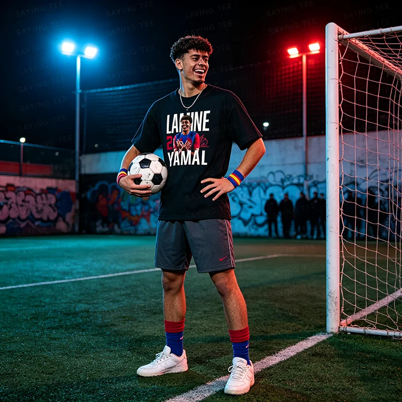 Soccer Inspired Yamal Sitting on Ball Graphic Unisex T-Shirt Y2k Yamal Inspired Youth Football Sportswear Clothes for Women Men