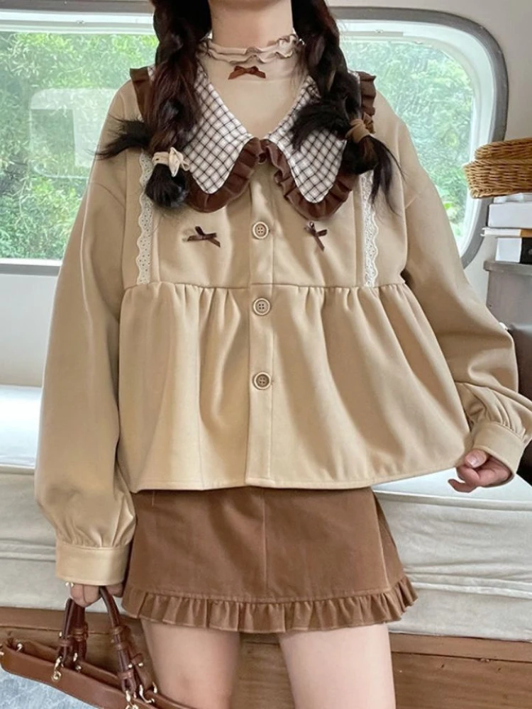 KOSAHIKI 2024 Spring Autumn Kawaii Shirt Women Japanese Korean Cute Peter Pan Collar Ruffle Blouse Girls Sweet Loose Outwear