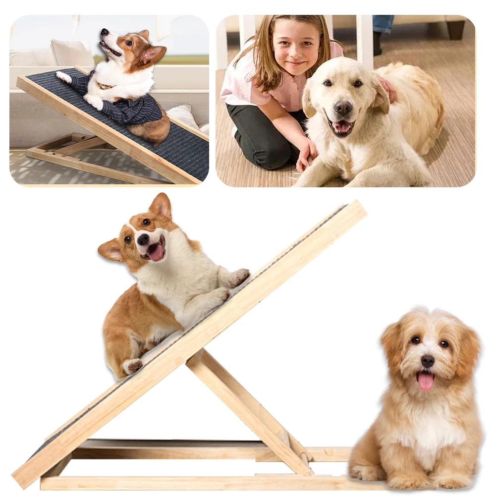 

Wooden Dog Cat Ramp 3/4 Levels Height Adjustable Pet Dog Climbing Ladder Non-Slip Versatile for Indoor High Bed Couch