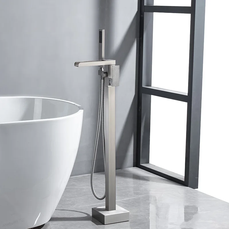 Brushed Gray Brass Waterfall Floor Mounted Bathtub Faucet With Handheld Shower Head Hot And Cold Water Mixer