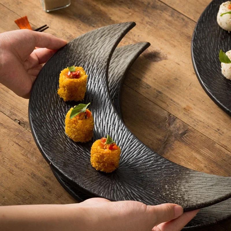 Creative Retro Kiln Color-changing Moon-shaped Western Food Plate Sushi Plate Characteristic Hotel Pendulumplateceramictableware