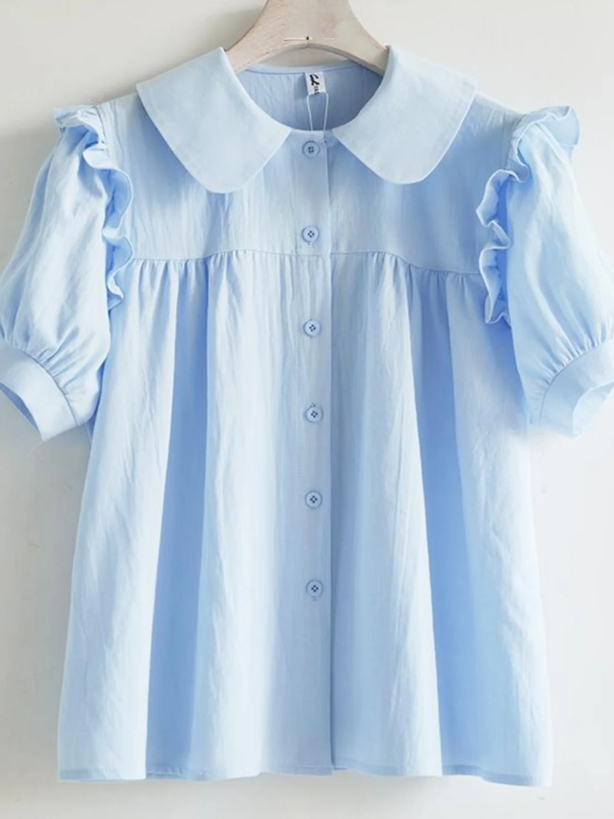 

Chic Doll Collar Loose ort Sve Women's irt Korean Sle Summer Design Sweetn Polyester Fiber Blend Regular Length