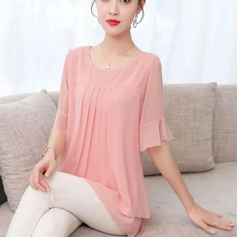 Chiffon Short Sleeve Thin Shirt Tops Summer New Plus Size Loose O-Neck Solid Color Blouse Casual Fashion Office Women Clothing