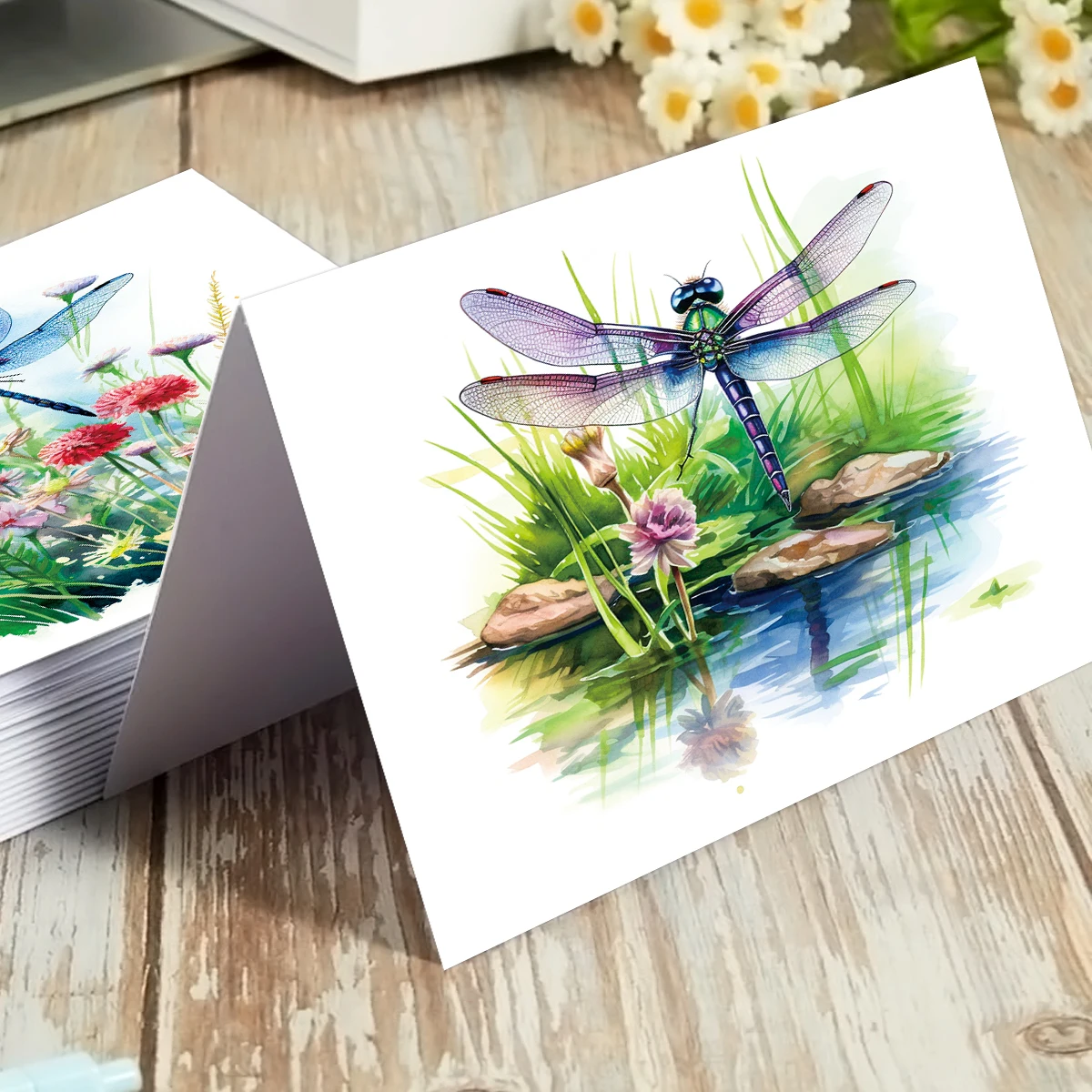 12 Stück Aquarell Esign Libelle Blumen Grußkarten mit Umschlägen für Dankesgeschenke, Geburtstags-Herzlichen Glückwunsch, Hochzeitswunsch