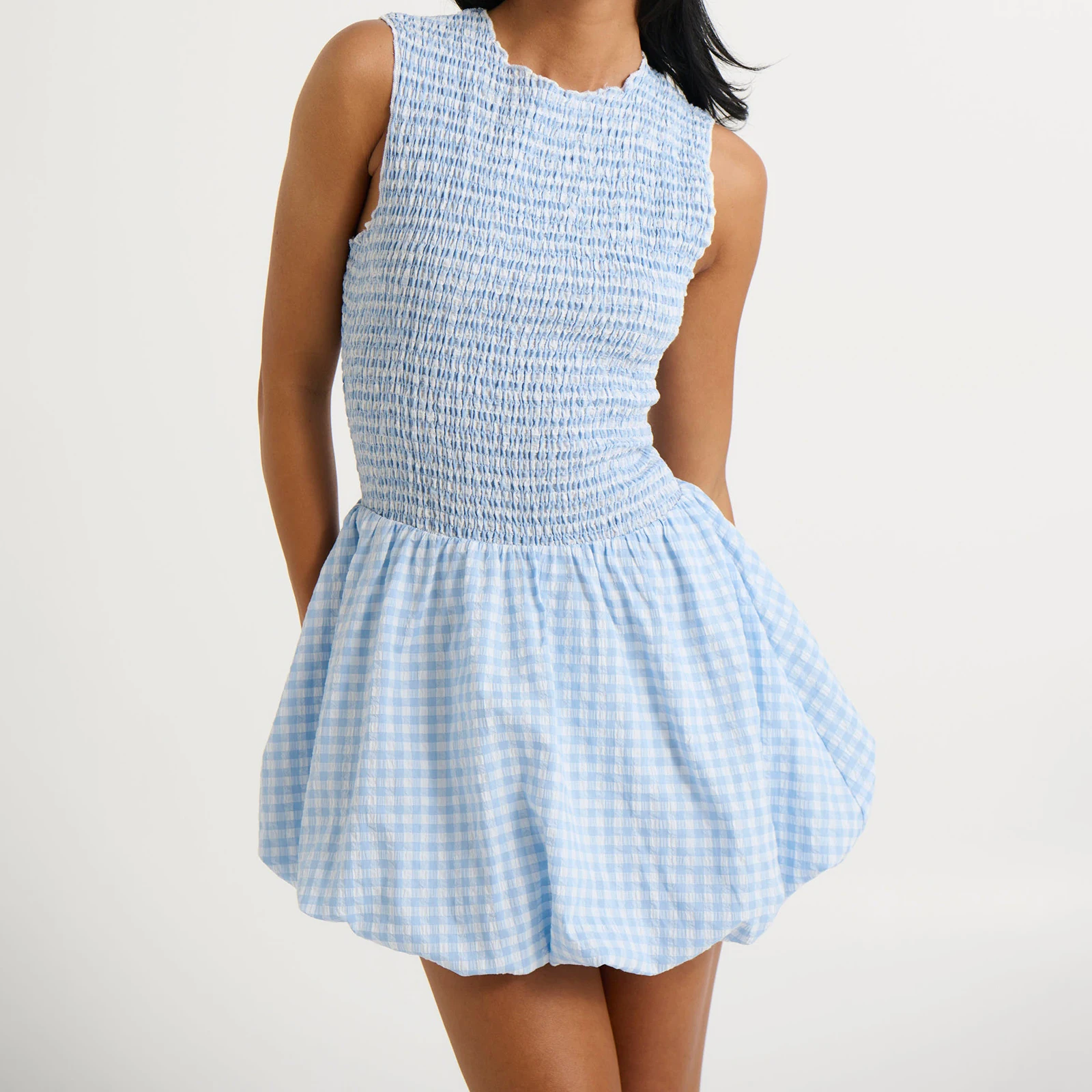 Abito da donna a quadretti di nuova moda, mini abito a palloncino senza maniche con scollo tondo smock per il club di feste quotidiano S-XL