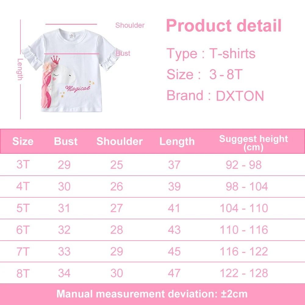 DXTON Girls Short Sleeve T-shirts Summer Ruffle Sleeve Children Tees Unicorn Kids Tops Casual Letter Print Girls Costume 3-8Ys