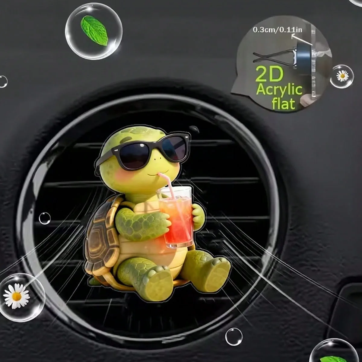 2D Flat Cute Turtle Milk Tea Air Vent Decor Car Scent Chip Summer Interior Accessory