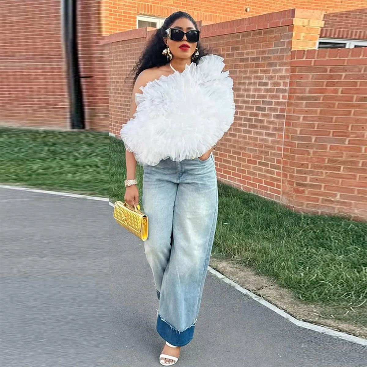 

White Tulle Ruffles Short Top One Shoulder Puffy Women Top Any Size And Color Available